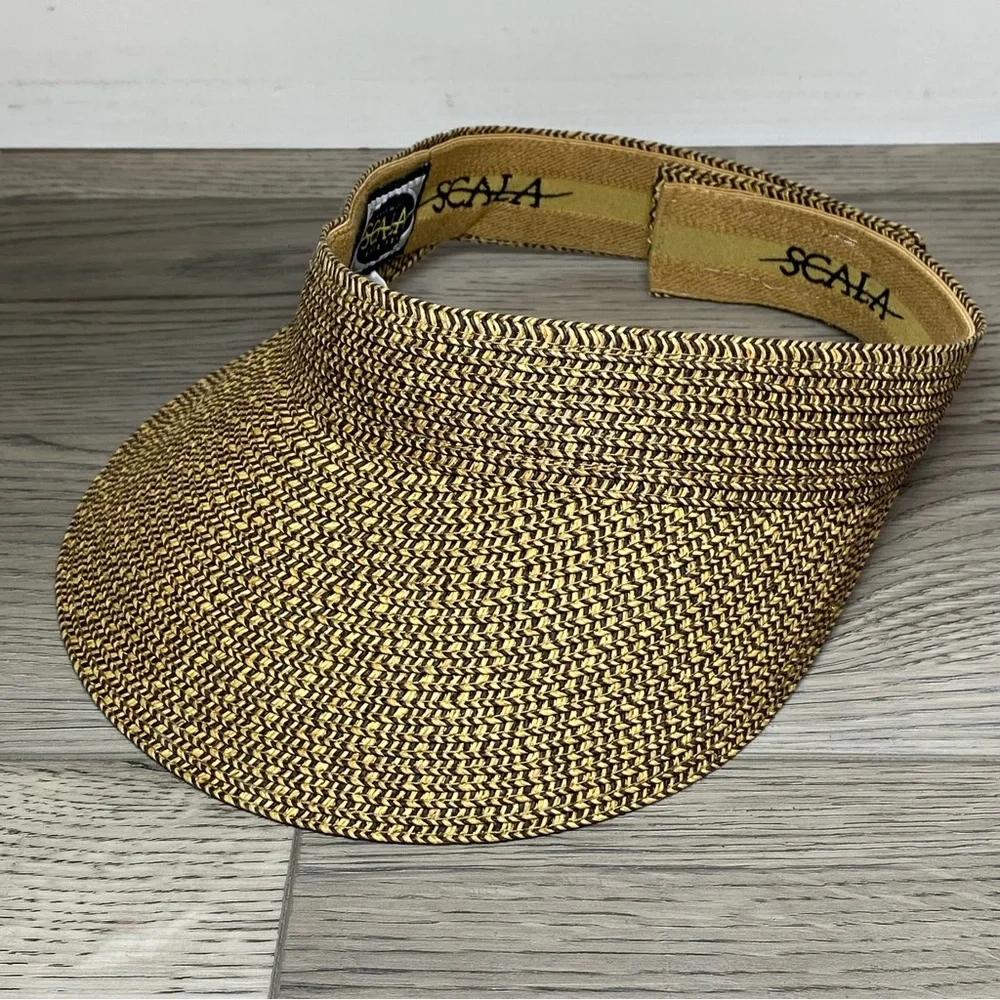 Scala Straw Visor Hat Women’s One Size Adjustable Tan/Black SunHat Golf Beach - Picture 2 of 11